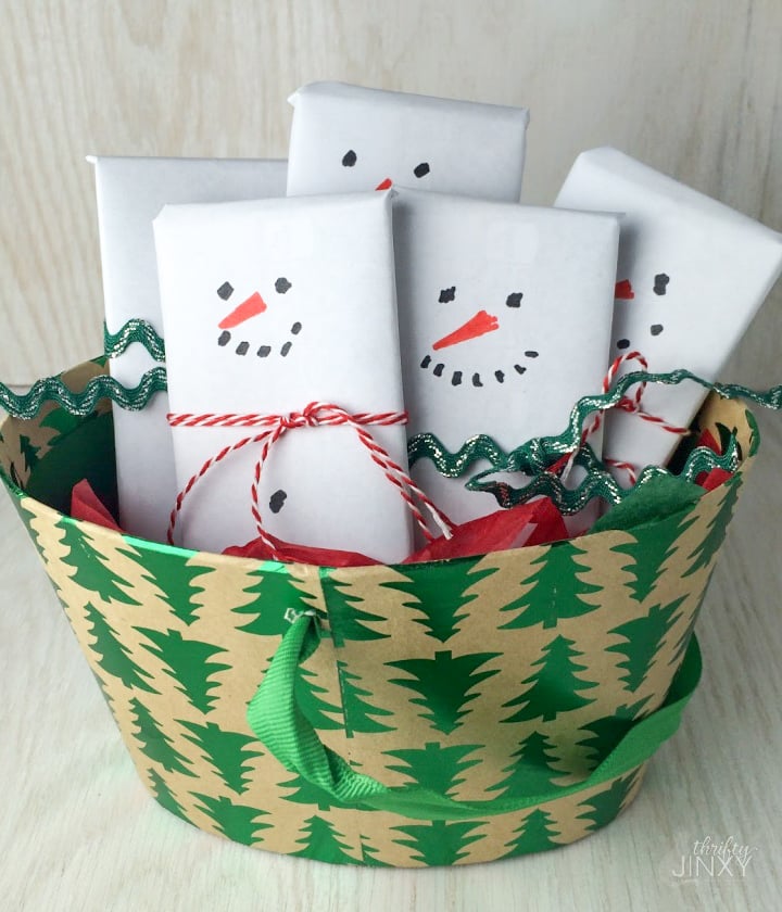 snowman candy bar wrappers in basket