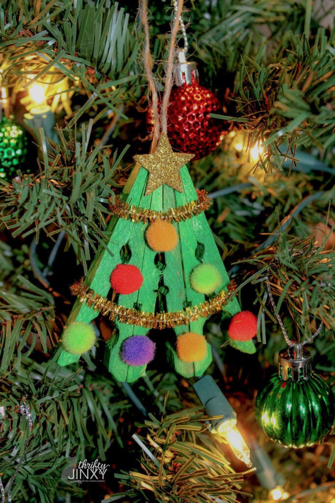 DIY Clothespin Christmas Tree Ornament Craft on Tree