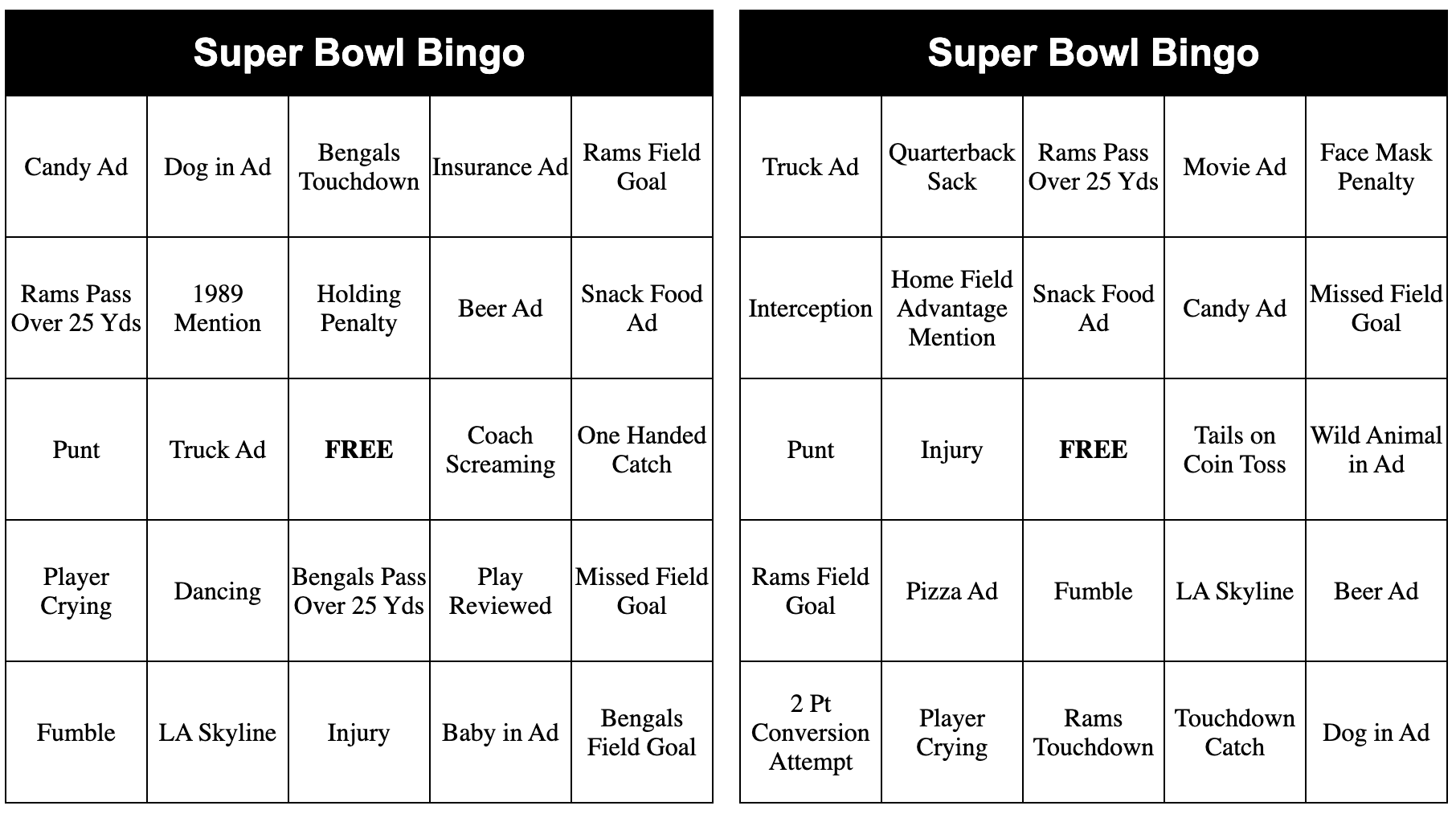 2022 Super Bowl Bingo Card Samples