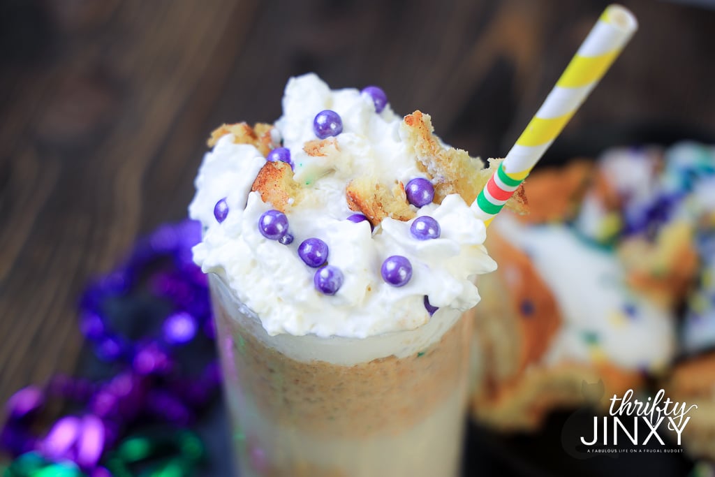 King Cake Frappuccino in Class with colorful straw