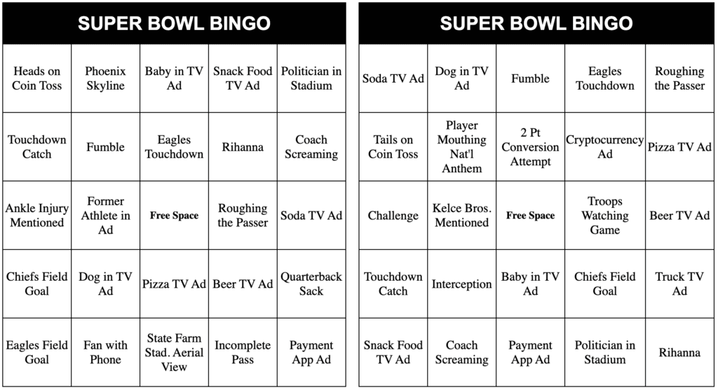 Super Bowl Bingo Card Samples 2023