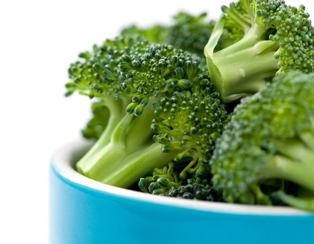 broccoli florets in blue bowl