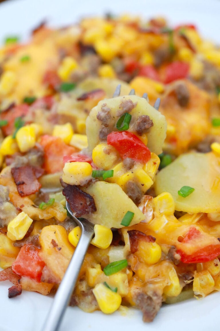 Hamburger And Potato Casserole With Veggies And Cheese Thrifty Jinxy   Forkfull Of Hamburger And Potato Casserole 768x1152 