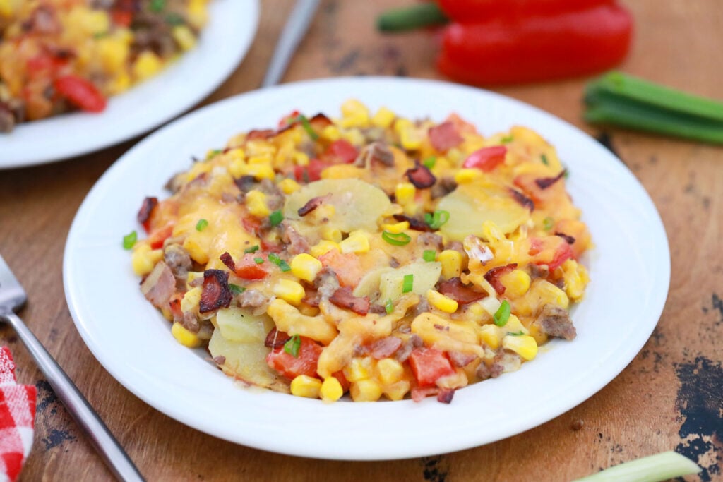 hamburger and potato casserole with vegetables and cheese