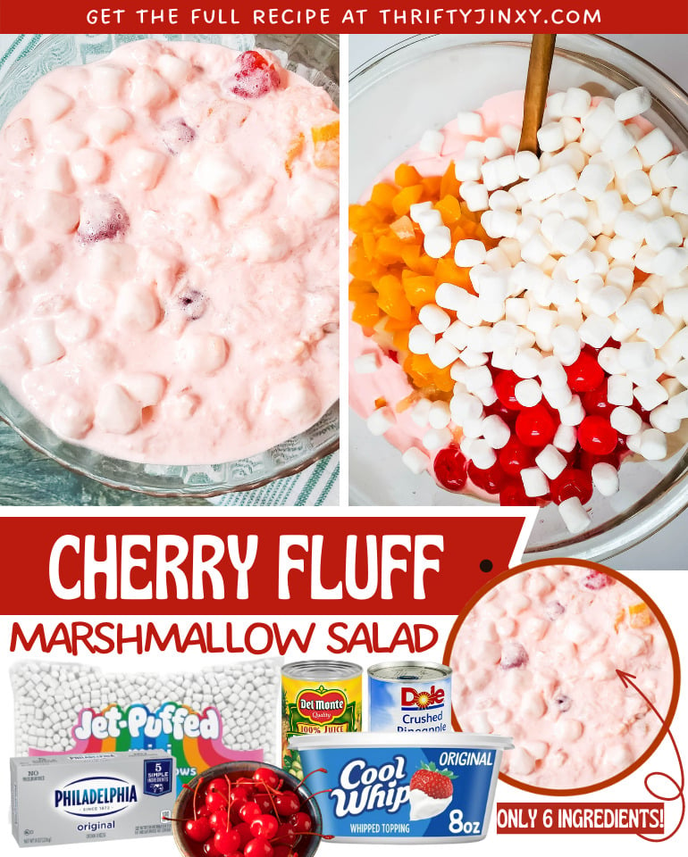 CHERRY FRUIT MARSHMALLOW SALAD FACEBOOK GRAPHIC WITH INGREDIENTS
