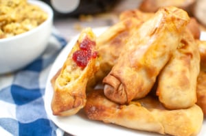 Thanksgiving Leftover Eggrolls made with Turkey Stuffing and potatoes, dipped in Cranberries.