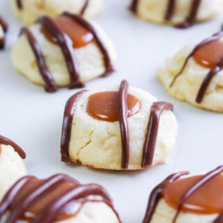 close up of twix cookies drizzled with chocolate