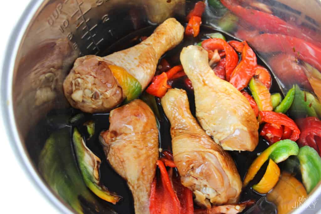 chicken drumsticks and vegetables in Instant Pot in Teriyaki sauce