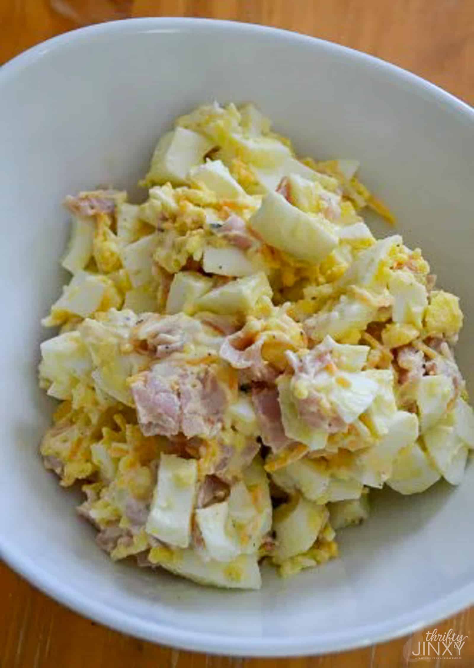 chopped hard boiled eggs mixed with mayonnaise, diced ham and american cheese