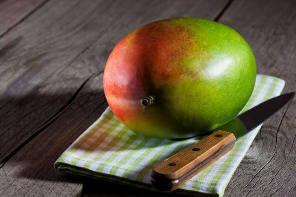mango and knife on green checkered napkin