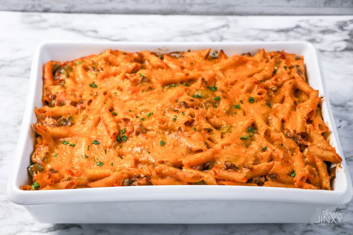 Baked Johnny Marzetti Casserole.