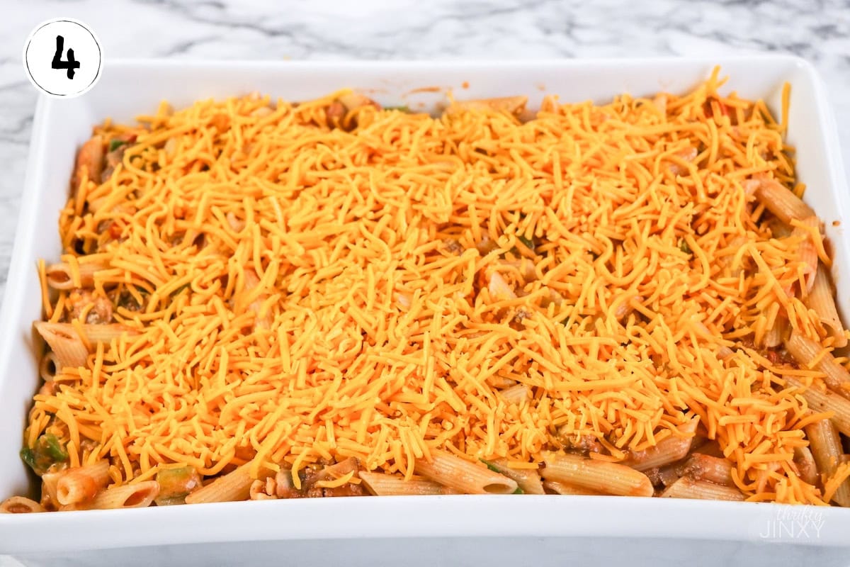 Johnny Marzetti Casserole Cheese Added to Top.