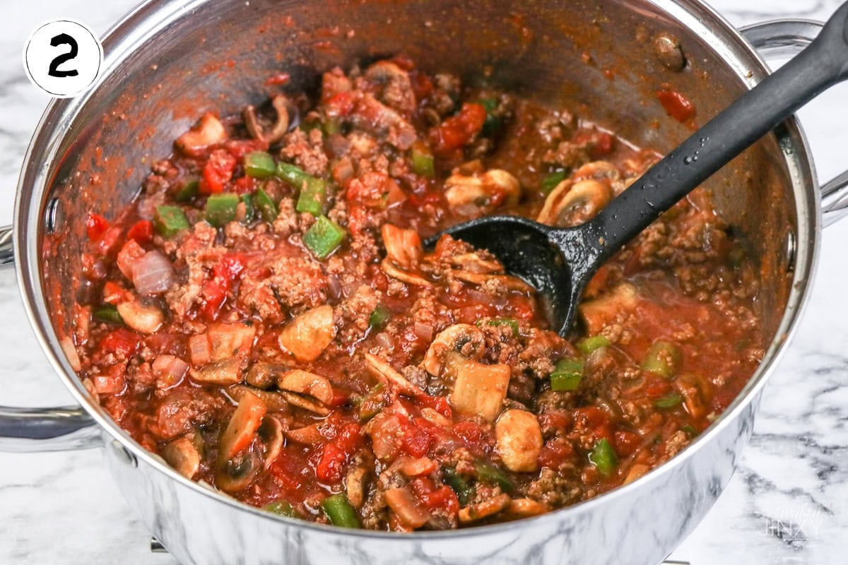 Johnny Marzetti Casserole Cooking Ingredients in Pot.