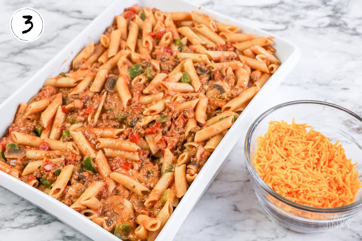 Johnny Marzetti Casserole miture in baking dish before adding cheese,