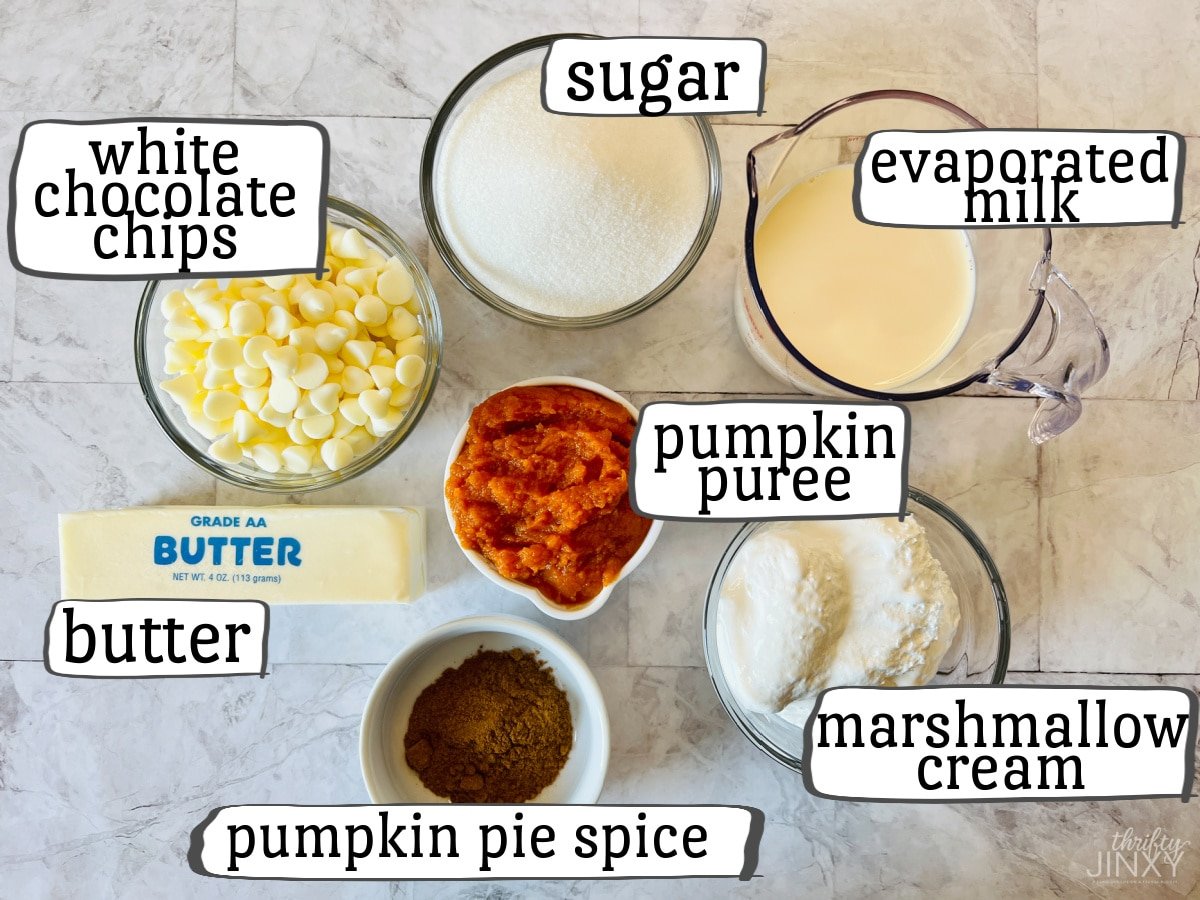 pumpkin fudge ingredients including white chocolate chips, sugar, evaporated milk, pumpkin puree and more.