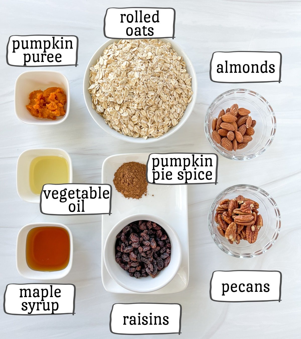 pumpkin granola ingredients including oats, maple syrup, pumpkin puree and nuts.
