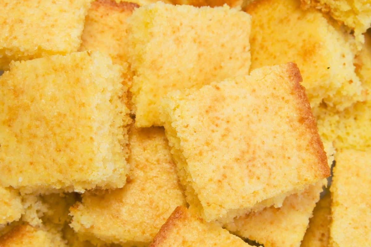 squares of cornbread in pile.