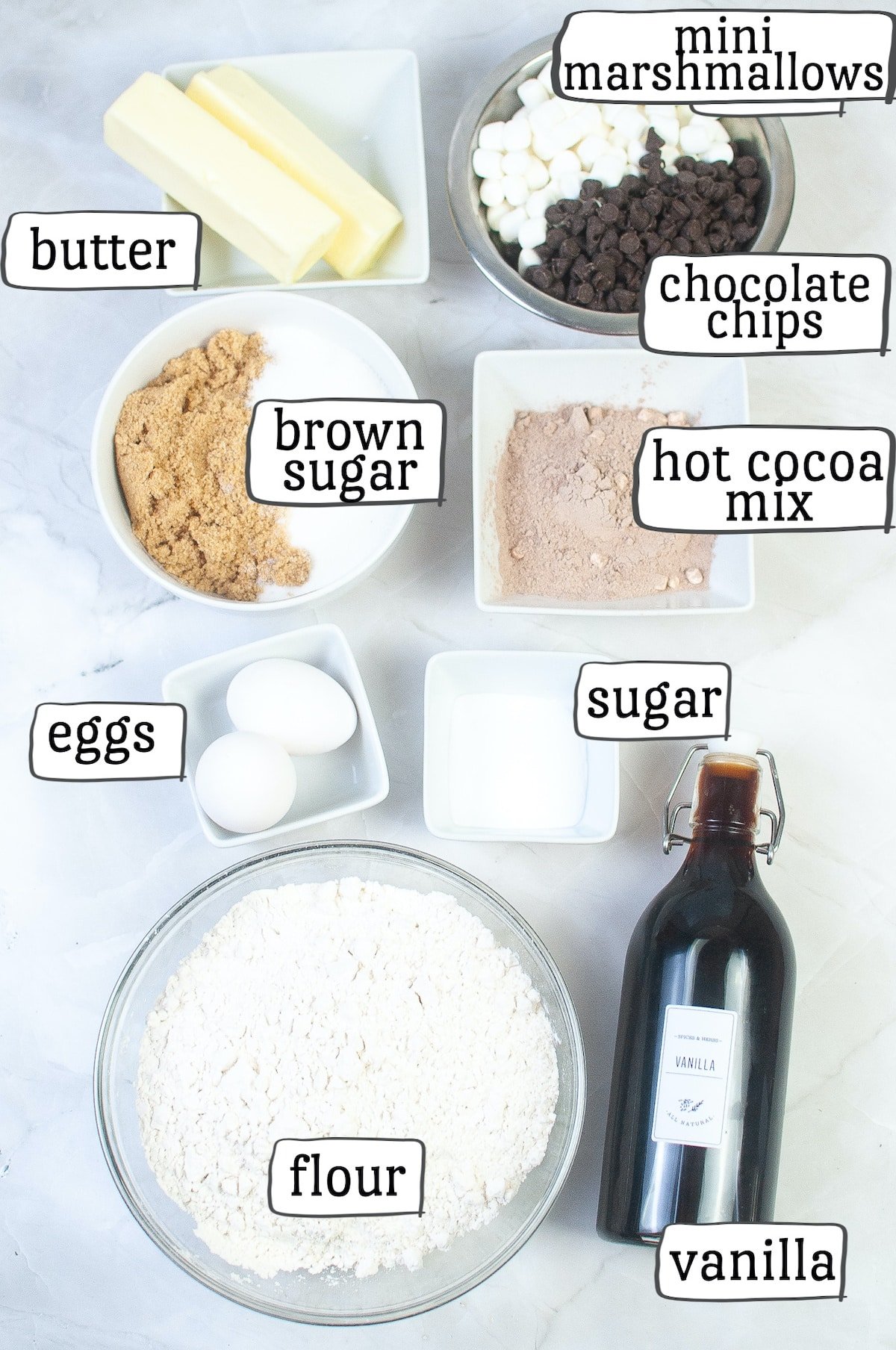 Hot cocoa cookies ingredients.