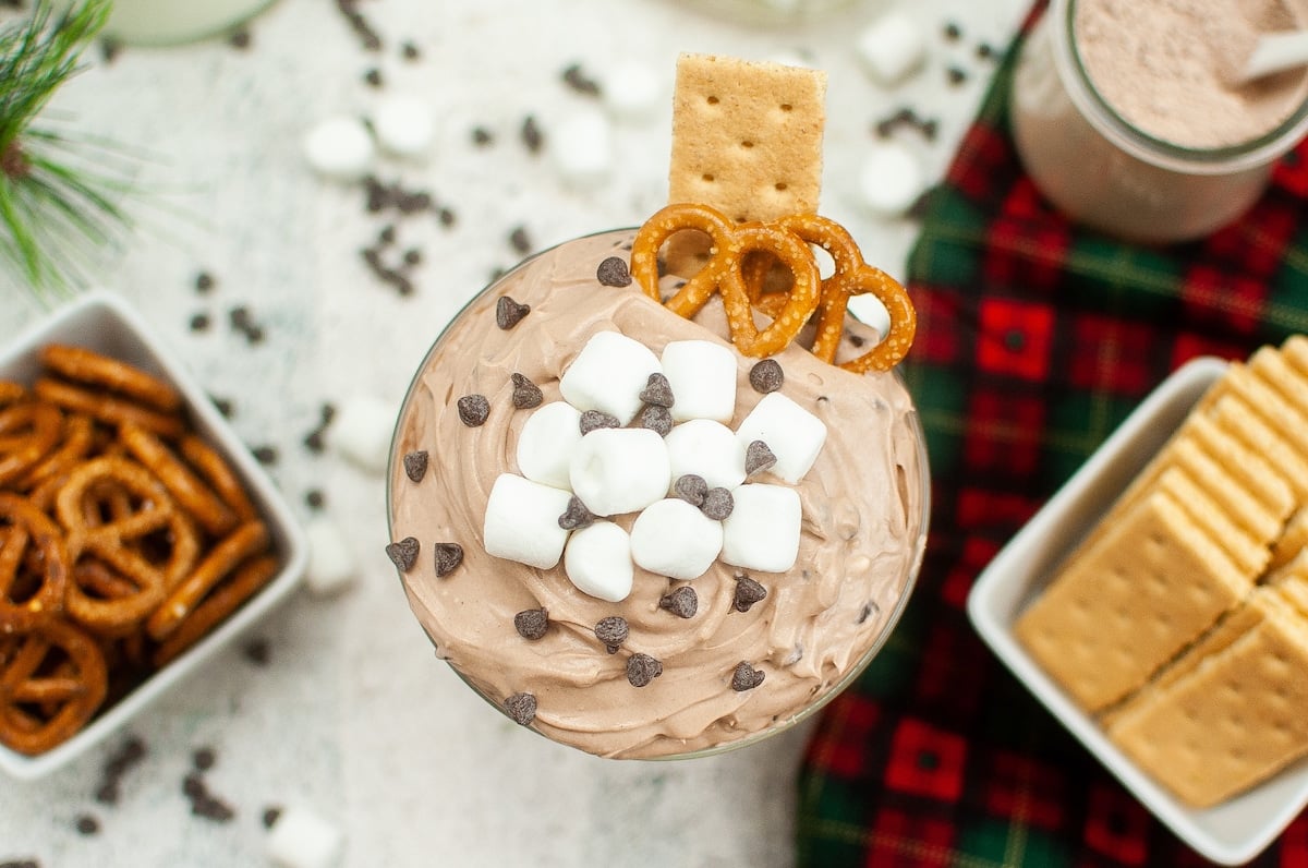 Hot Cocoa Dip with Graham Crackers and Petzels.