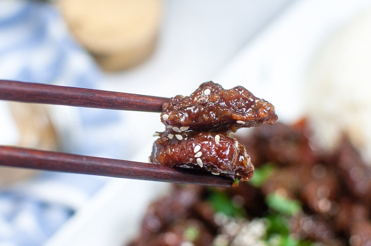 Air Fryer P.F. Chang’s Copycat Mongolian Beef on Chopsticks.