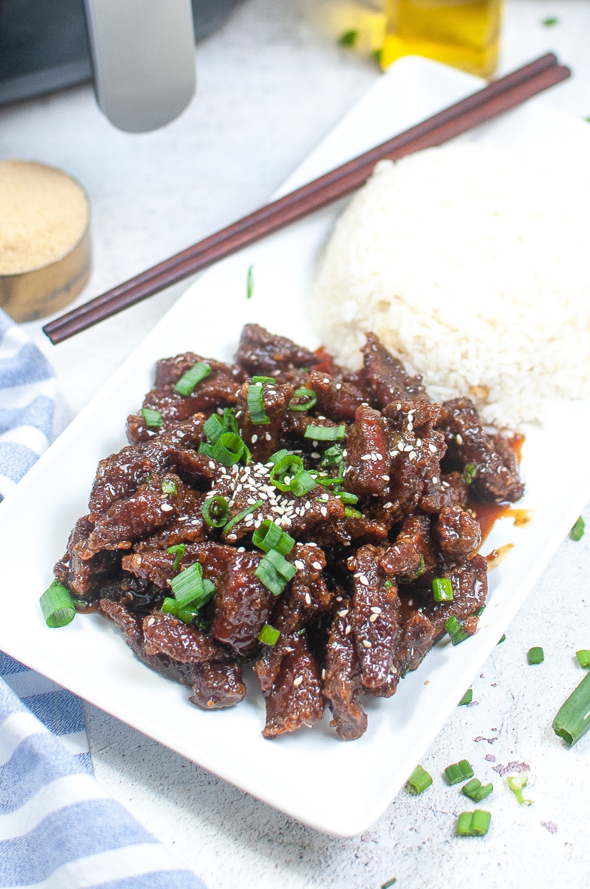 Air Fryer P.F. Chang’s Copycat Mongolian Beef with Rice.