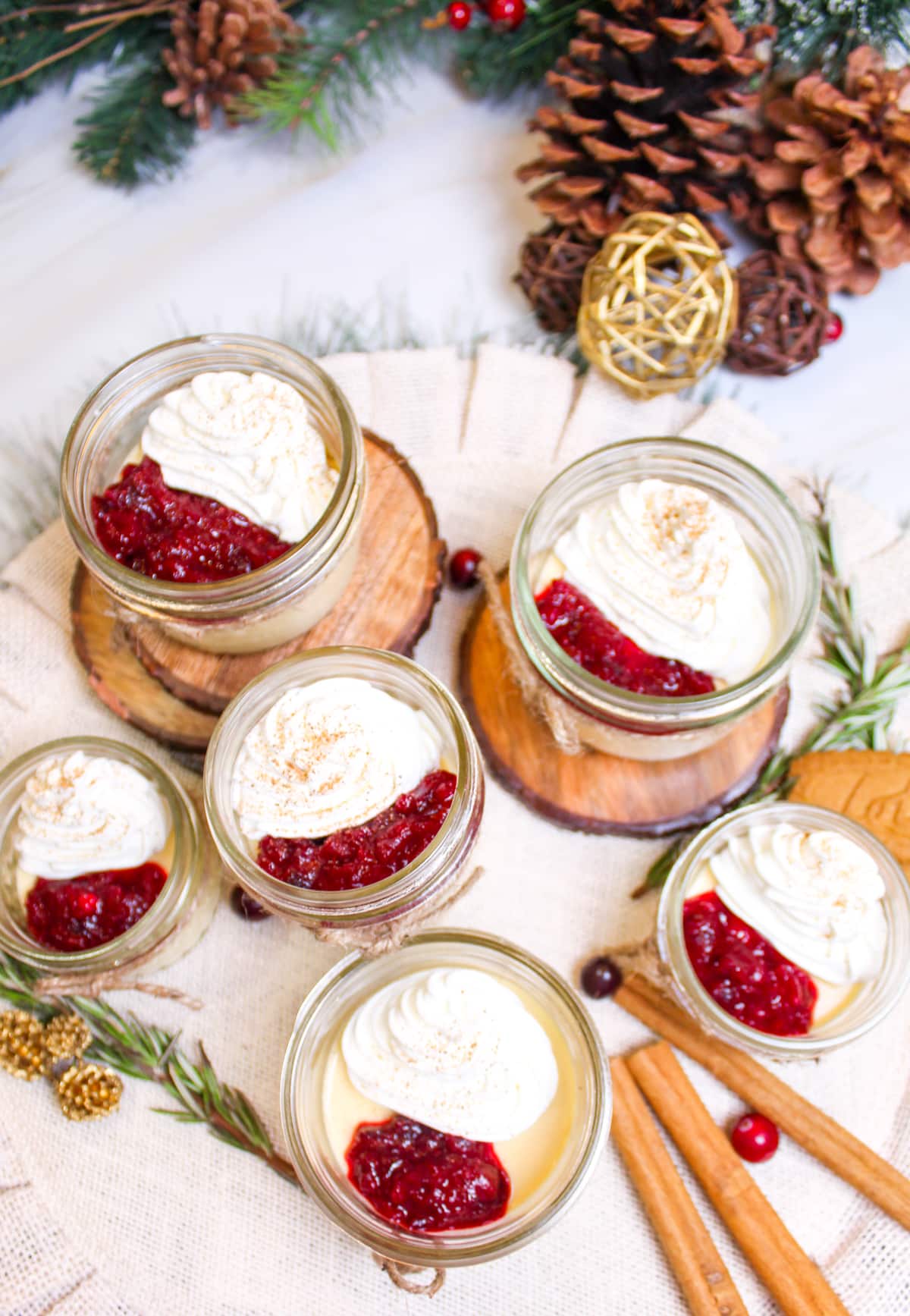 Individual Eggnog Panna Cotta in Ramekins with cranberry sauce and whipped cream.