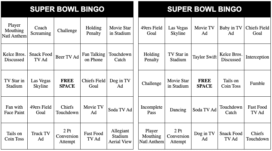 Super Bowl 2024 Bingo Cards