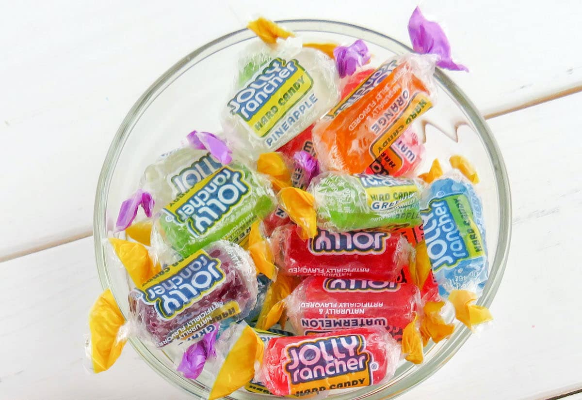 Wrapped Jolly Rancher Candies in bowl.