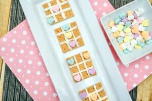Valentine Tic Tac Toe Treat with Graham Crackers and Conversation Hearts.