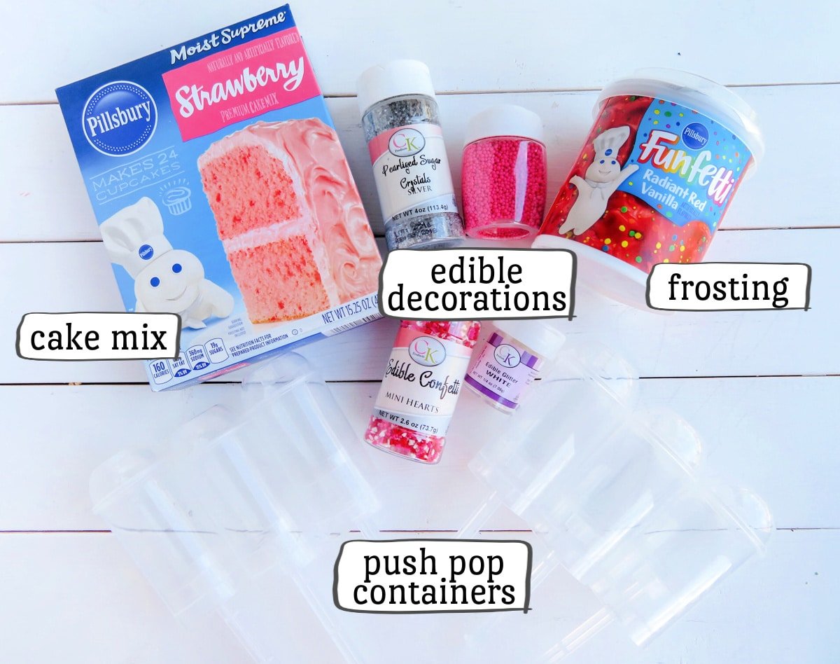 Valentine cake push pop ingredients including cake mix, frosting and decorations.