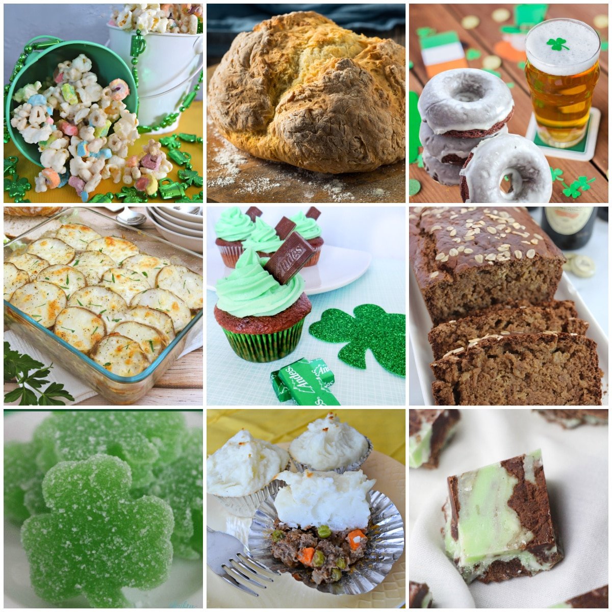 Collage of 9 St. Patrick's Day foods including Irish Soda Bread, chocolate mint desserts and others.