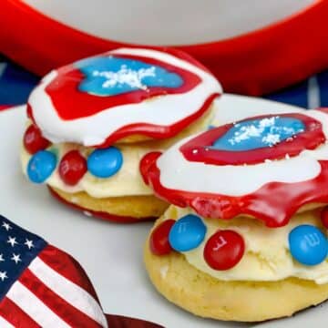 Patriotic Ice Cream Sandwiches with red white and blue design.