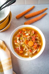 pulled pork soup in a white bowl