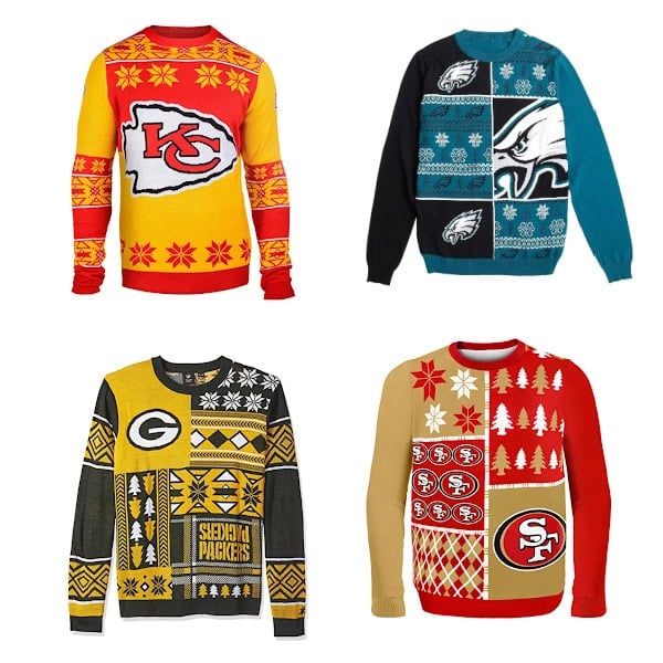 NFL Ugly Sweaters featuring Chiefs Eagles Packers 49ers.