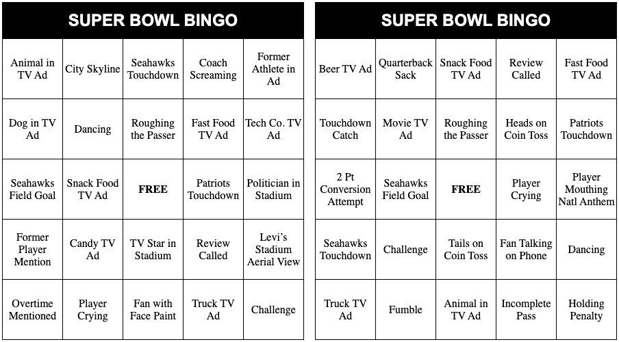 2026 Super Bowl Bingo Sample Cards.