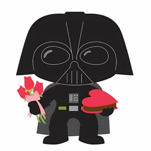 Cartoon Darth Vader holding a bouquet of roses and box of Valentine chocolates.