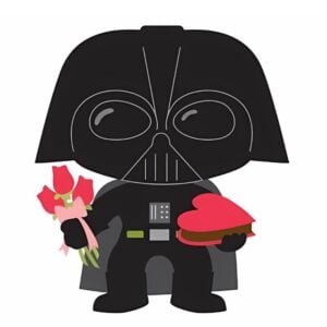 Cartoon Darth Vader holding a bouquet of roses and box of Valentine chocolates.