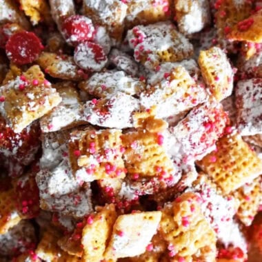 Valentine Peanut Butter Puppy Chow close up image.