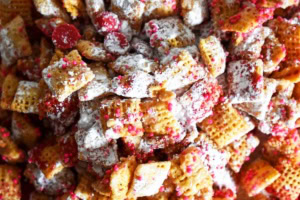 Valentine Peanut Butter Puppy Chow close up image.