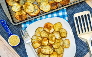 Sheet Pan Garlic Herb Potatoes on a white plate