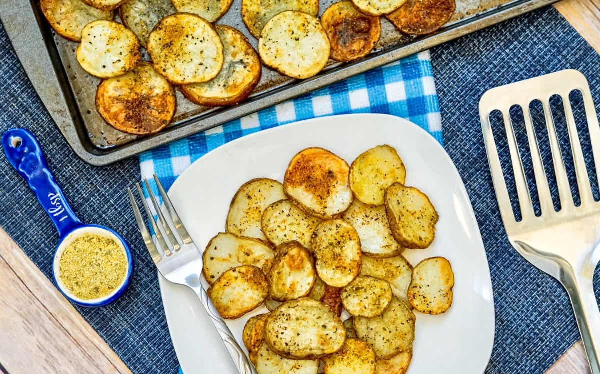 Sheet Pan Garlic Herb Potatoes on a white plate