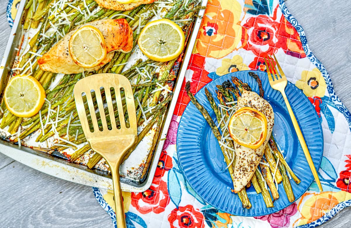 Serving Sheet Pan Chicken and Asparagus.