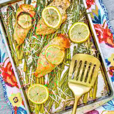 Sheet Pan Chicken and Asparagus on Baking Sheet.