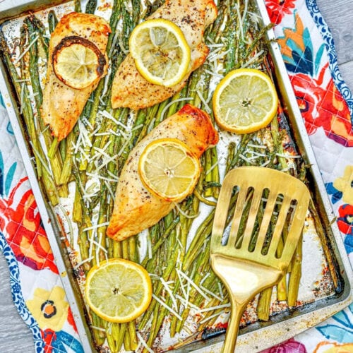 Sheet Pan Chicken and Asparagus on Baking Sheet.