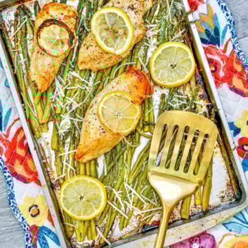 Sheet Pan Chicken and Asparagus on Baking Sheet.