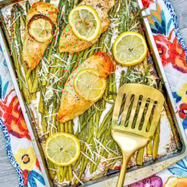 Sheet Pan Chicken and Asparagus on Baking Sheet.
