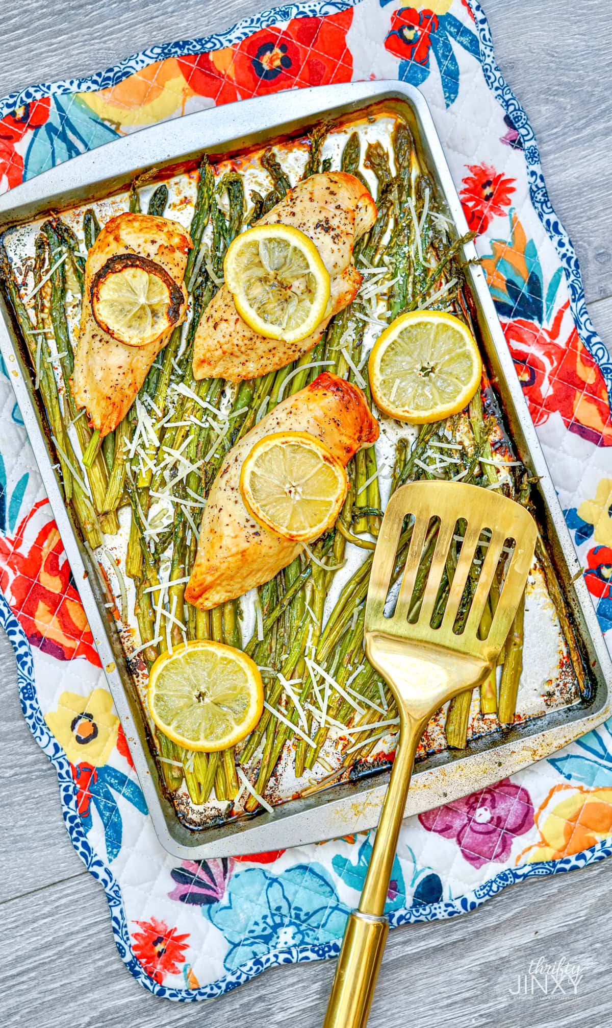 Sheet Pan Chicken and Asparagus on Baking Sheet.