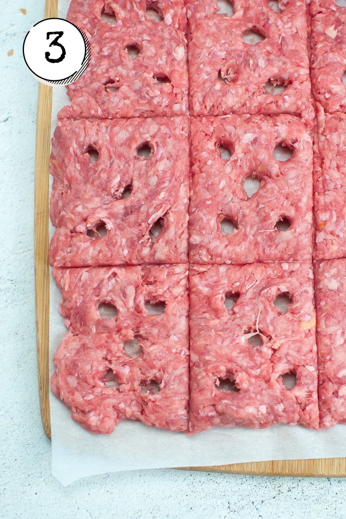 cutting the beef into 12 patties and use a wooden spoon handle (or metal straw) perforate vent holes into each patty