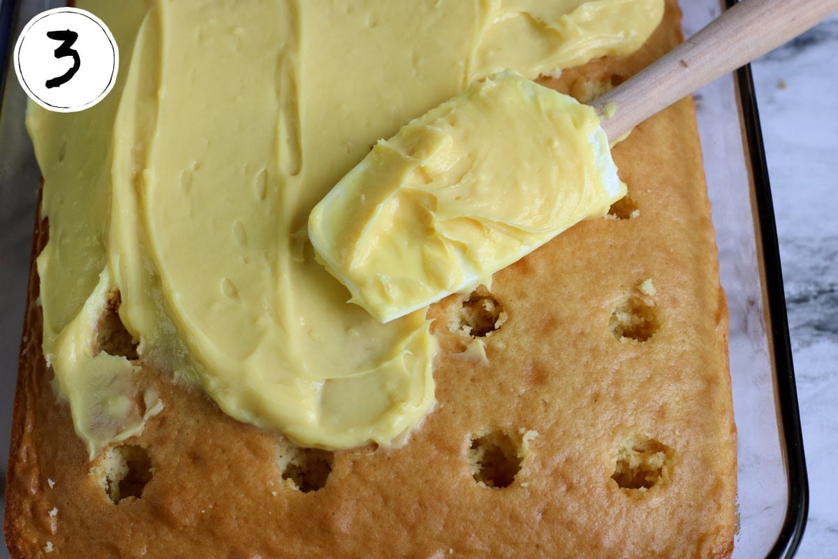 Adding Pudding Layer to Banana Split Poke Cake.