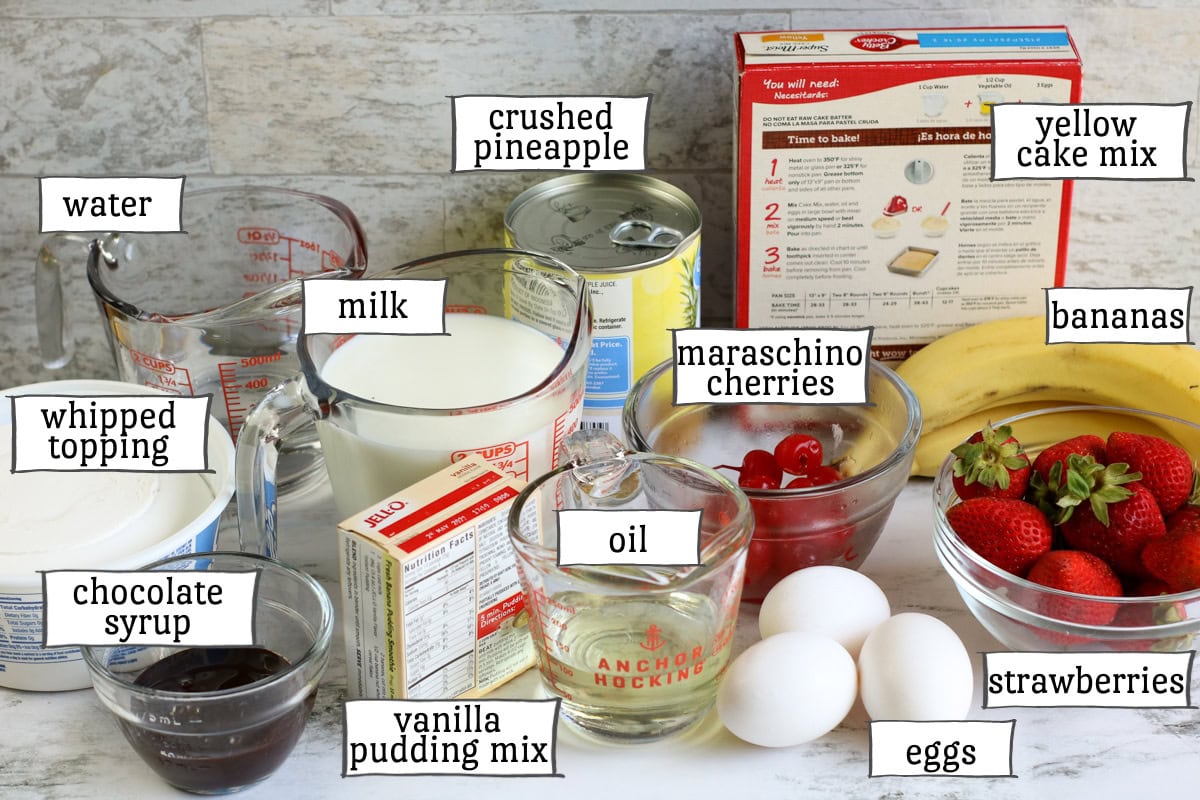 banana split poke cake ingredients.